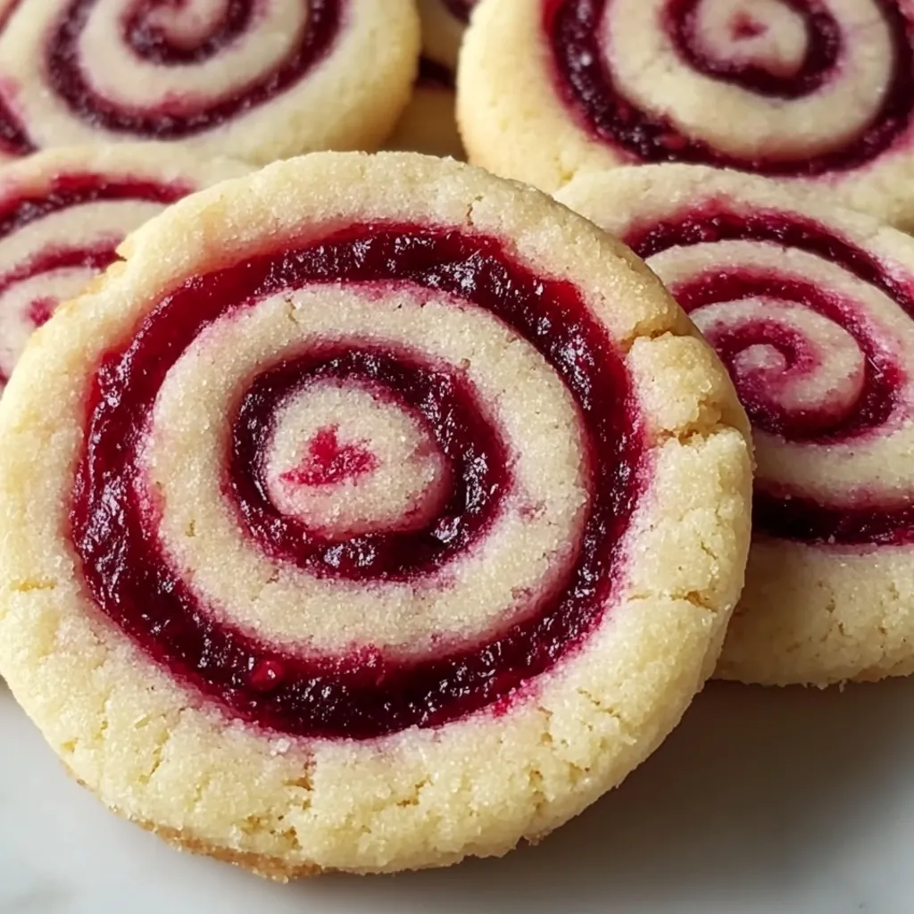 A close up of a cookie with a swirl of red and white.
