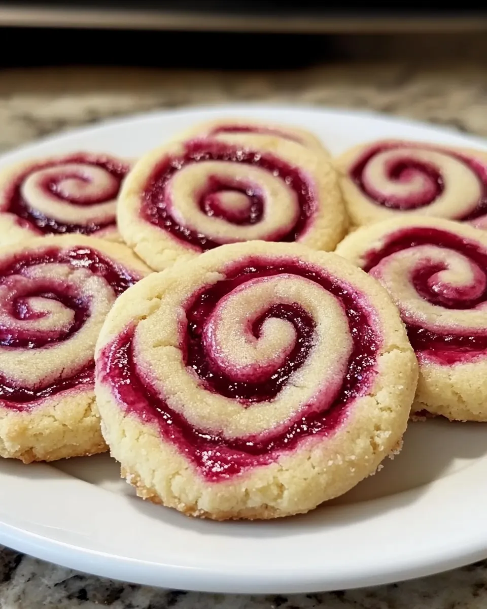 A plate of raspberry swirl cookies.
