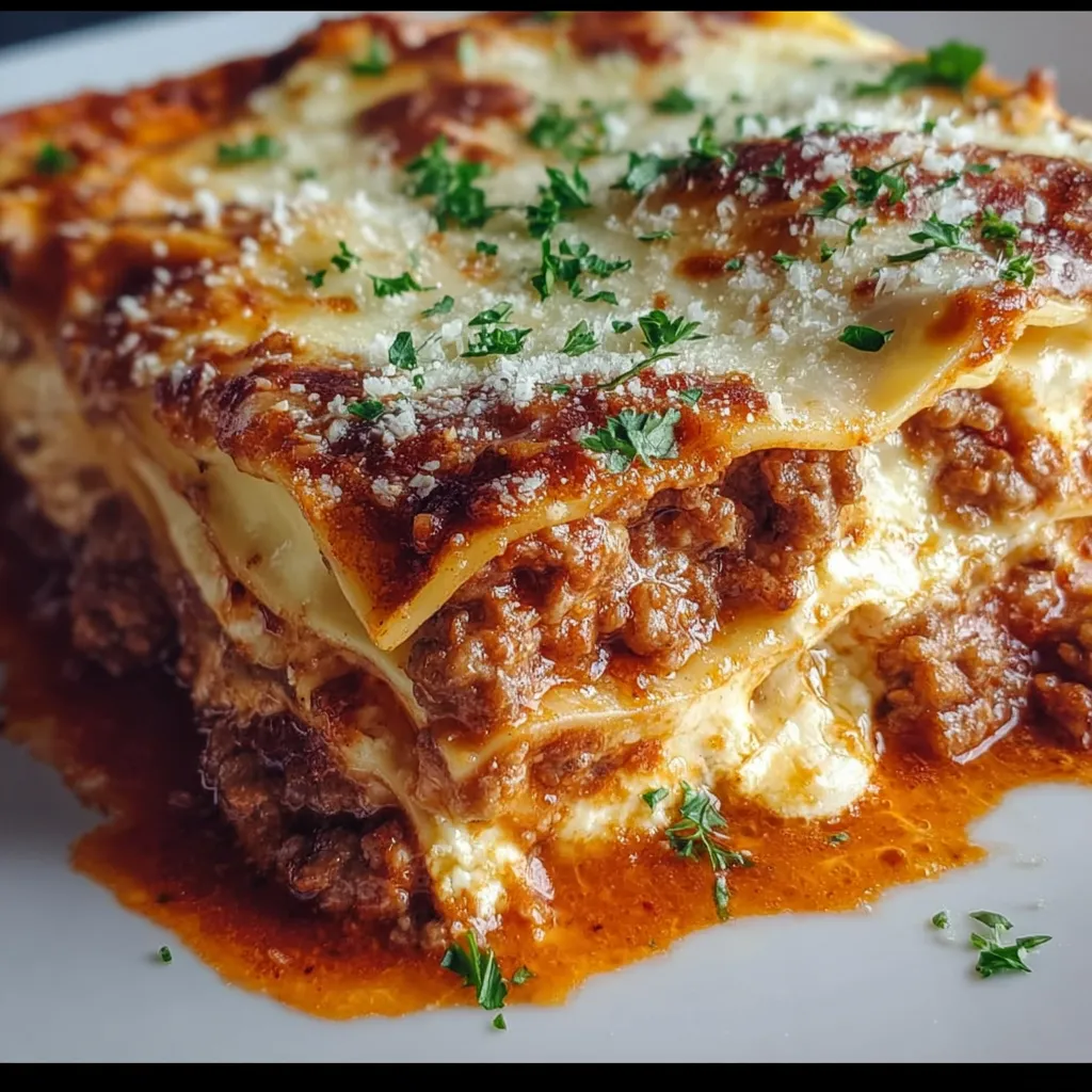 A slice of lasagna with cheese and herbs.