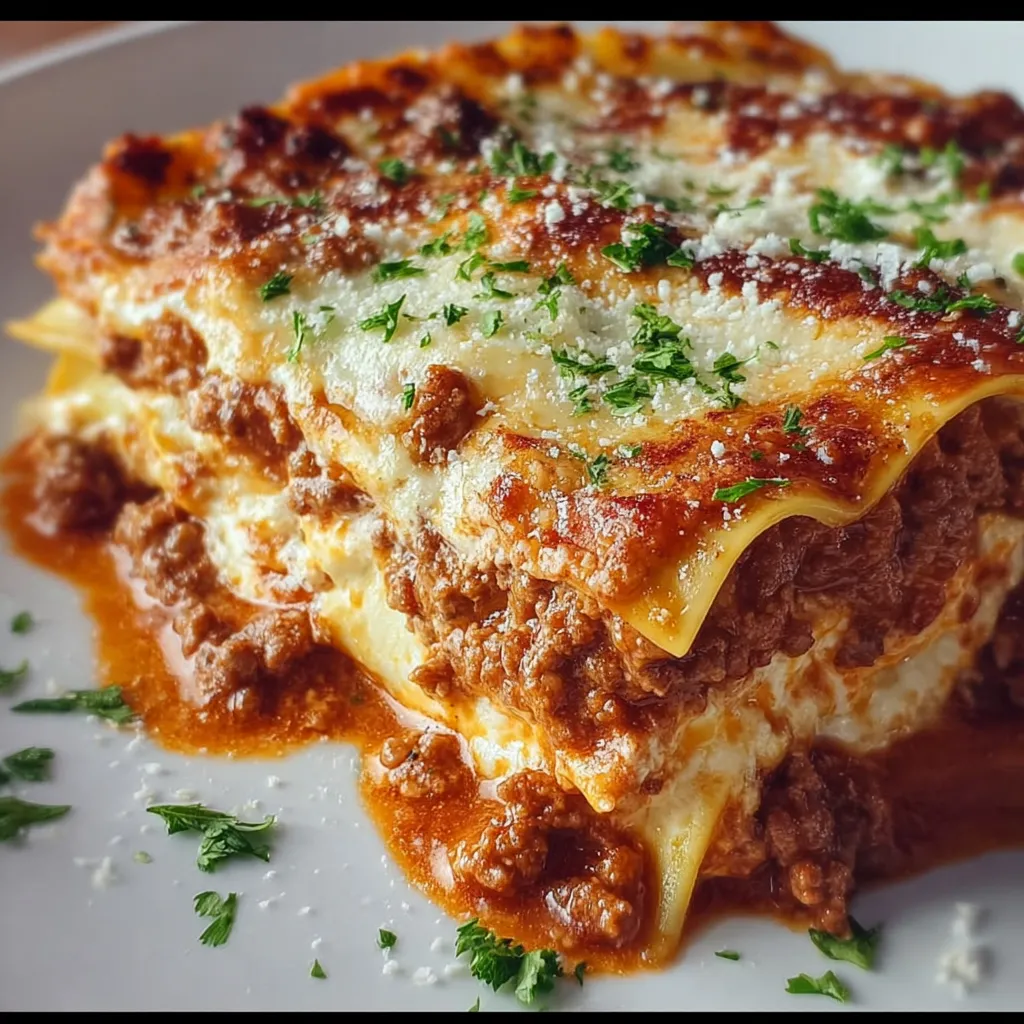 A plate of lasagna with cheese and herbs.