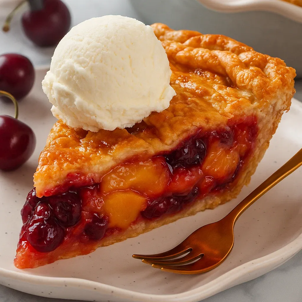 A slice of cherry peach lattice pie with a scoop of ice cream on top.