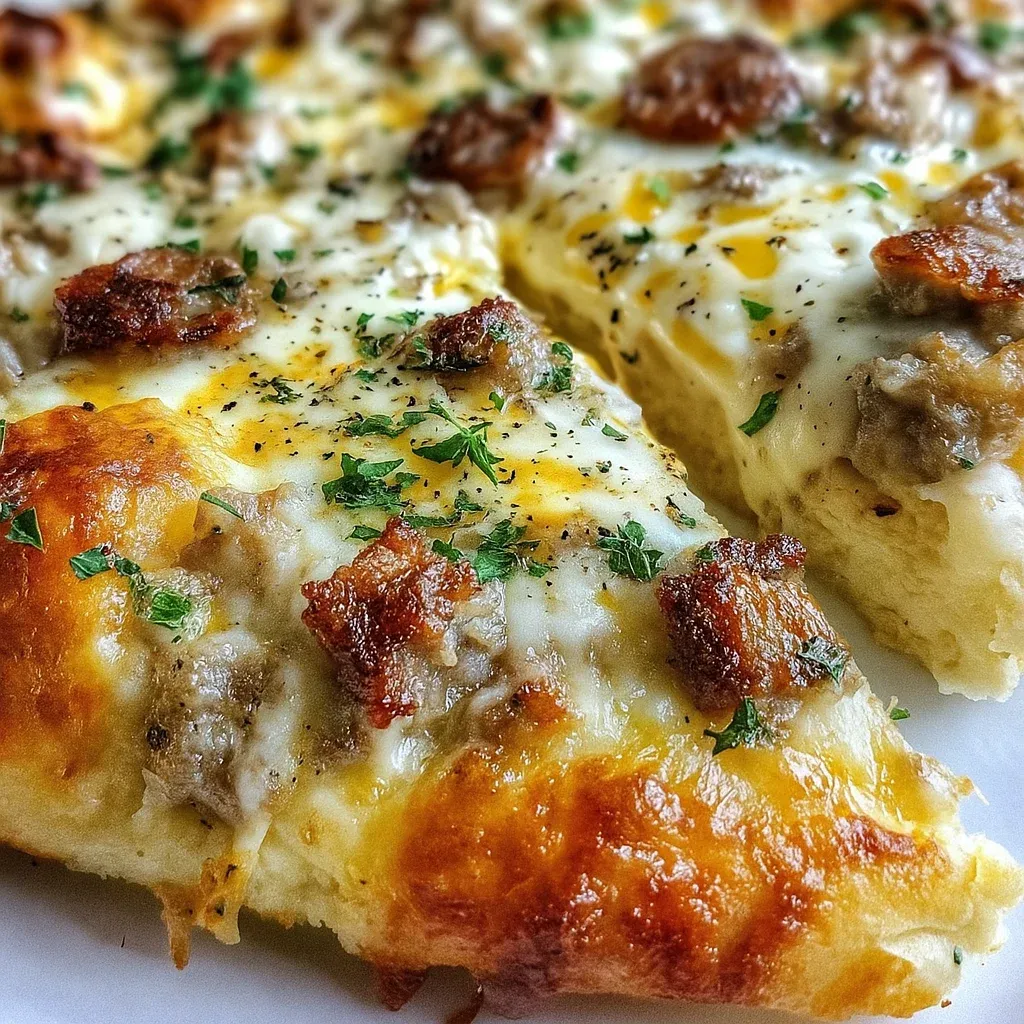 A slice of sausage gravy biscuit breakfast pizza.