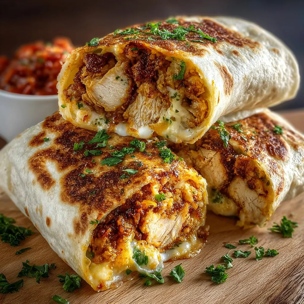 A burrito with chicken and cheese.