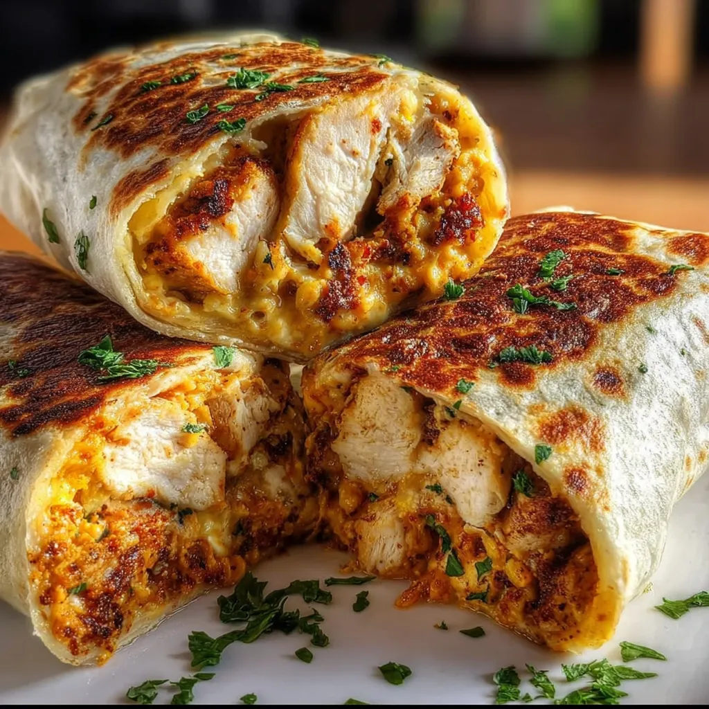 Three burritos with chicken and cheese.