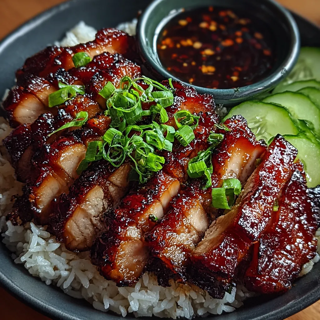 A plate of Char Siu Chicken with rice and sauce.