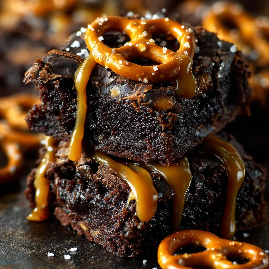 A stack of dark chocolate salted caramel pretzel brownies.