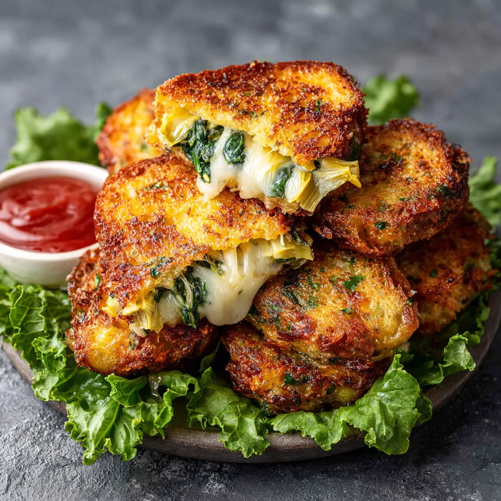 A plate of grilled cheese with spinach and artichoke.
