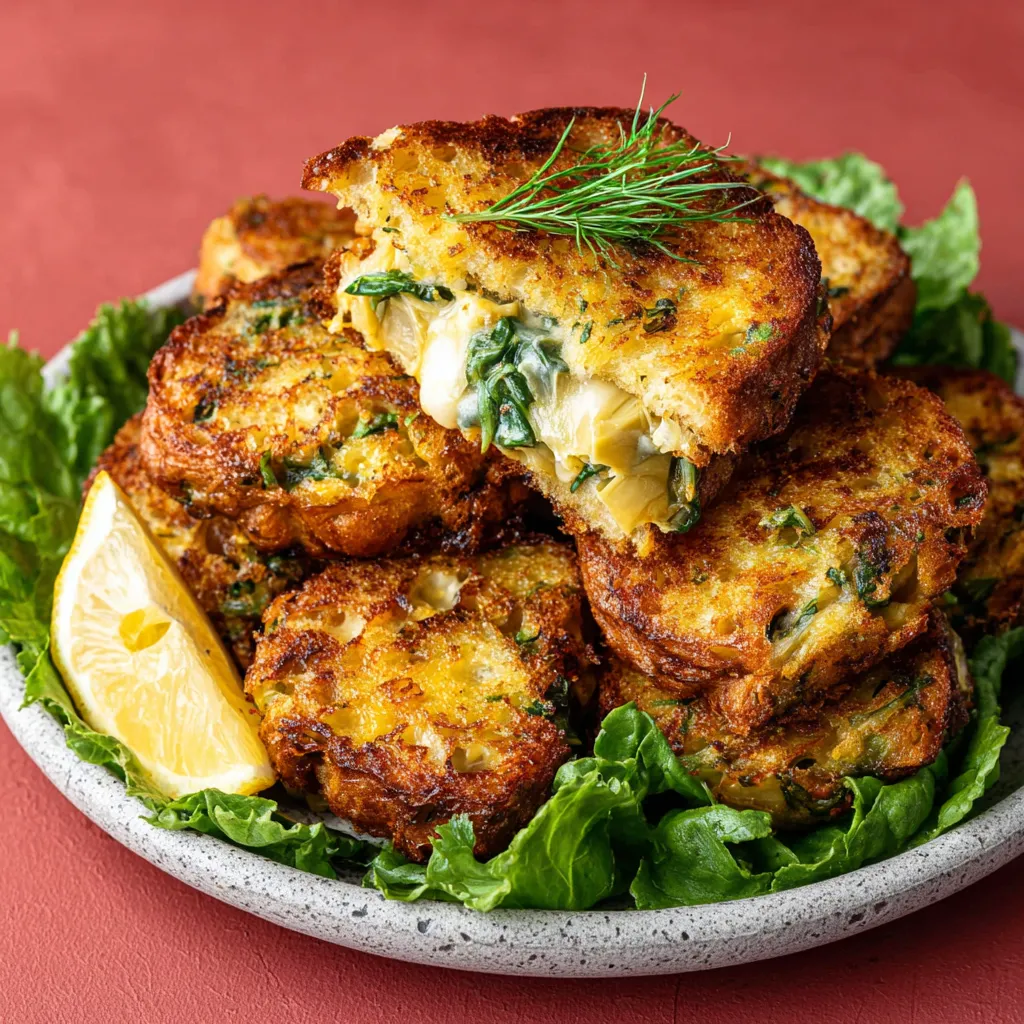 A plate of grilled cheese with spinach and artichokes.