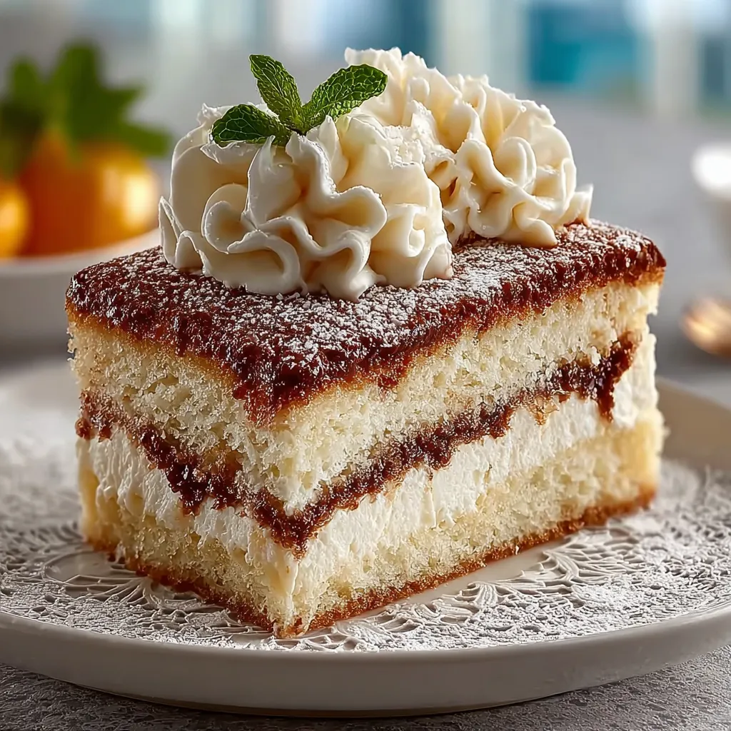 A slice of Neiman Marcus cake with white frosting and a green leaf.