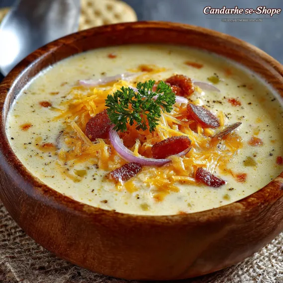 A bowl of soup with cheese and bacon.
