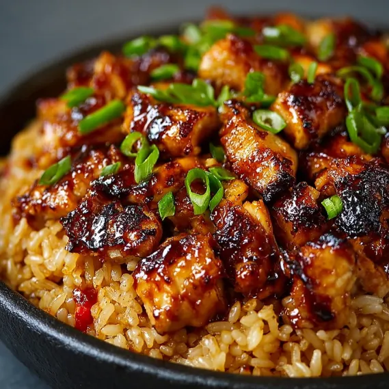 A bowl of rice with chicken and sauce.