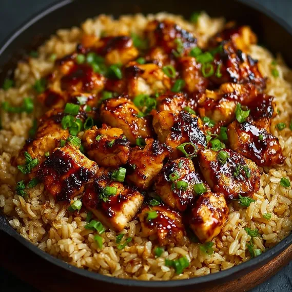 A bowl of rice with chicken and sauce.