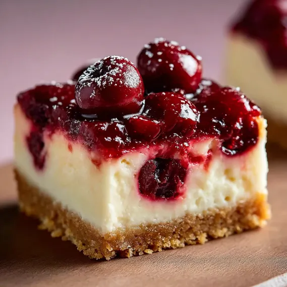 A slice of cherry cheesecake bars.