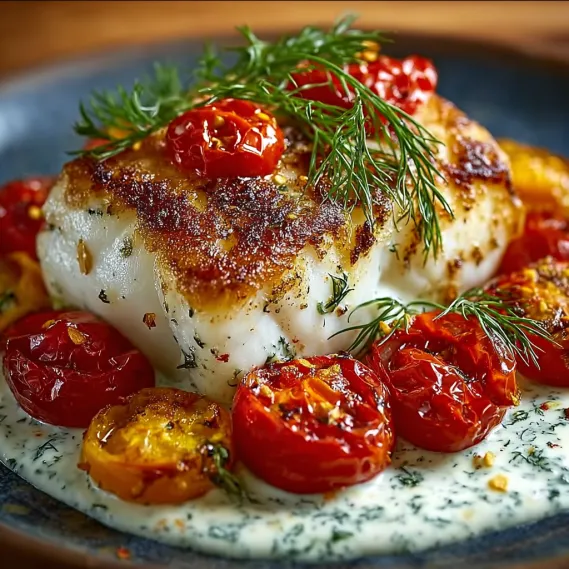 Grilled Cod with Roasted Tomatoes & Creamy Dill Sauce.