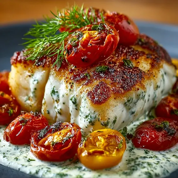 Grilled Cod with Roasted Tomatoes & Creamy Dill Sauce.