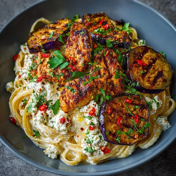 A bowl of spicy whipped feta chicken alfredo with crispy eggplant wedges and chili oil drizzle.