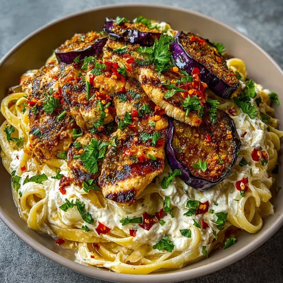 A bowl of food with chicken, eggplant, and pasta.