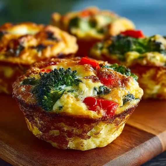 A plate of muffins with broccoli and red peppers.