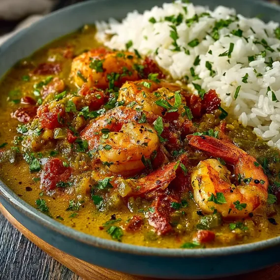 A bowl of Cajun Crawfish Etouffee with rice on the side.