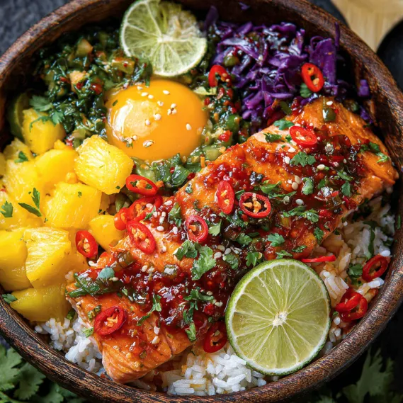 A bowl of food with salmon, rice, and vegetables.