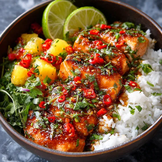 A bowl of food with salmon and rice.