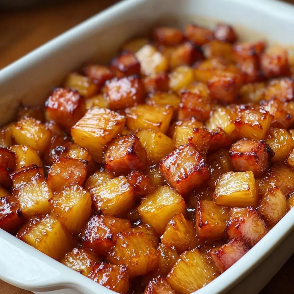 A white bowl filled with brown sugar pineapple ham bake.
