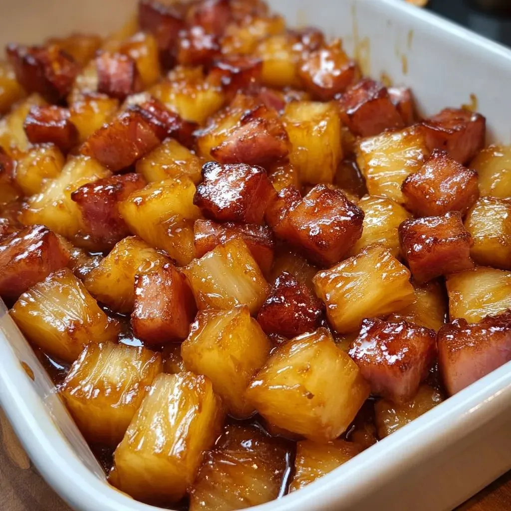 A dish of ham and pineapple.