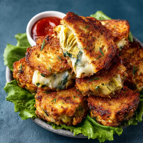 A plate of grilled cheese sandwiches with spinach and artichoke.