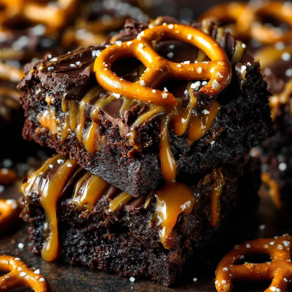 A close up of a delicious looking dark chocolate salted caramel pretzel brownie.