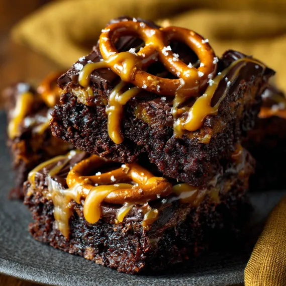 A stack of brownies with caramel and pretzel toppings.