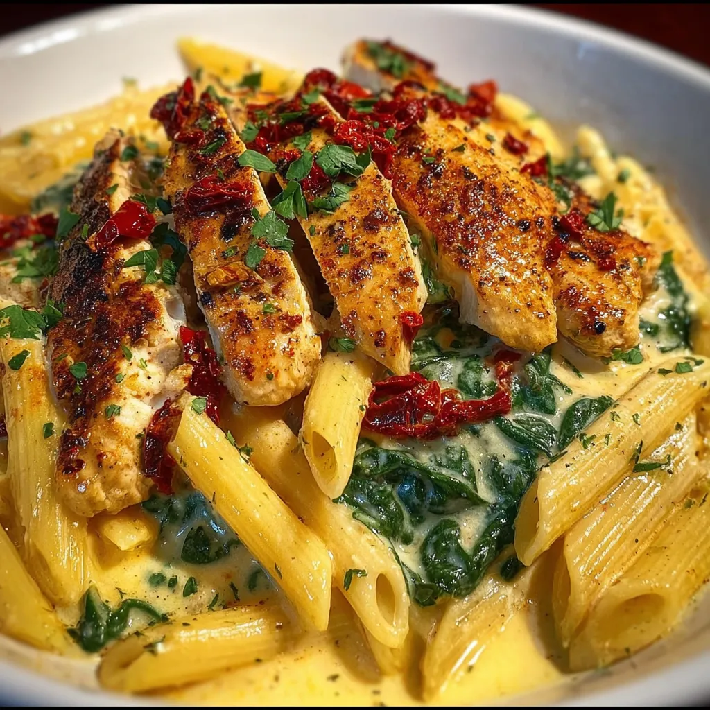 A bowl of creamy Tuscan chicken pasta.