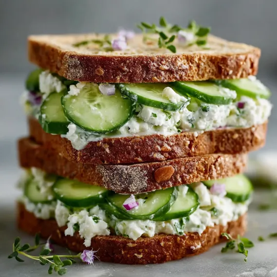 A stack of cucumber sandwiches on a table.