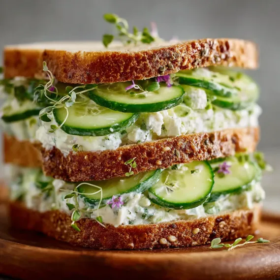 A stack of toast with cucumber slices and cheese.