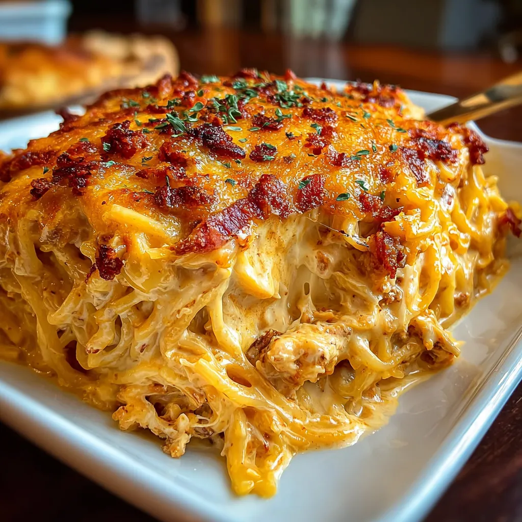 A plate of spicy southern cheesy chicken spaghetti casserole.