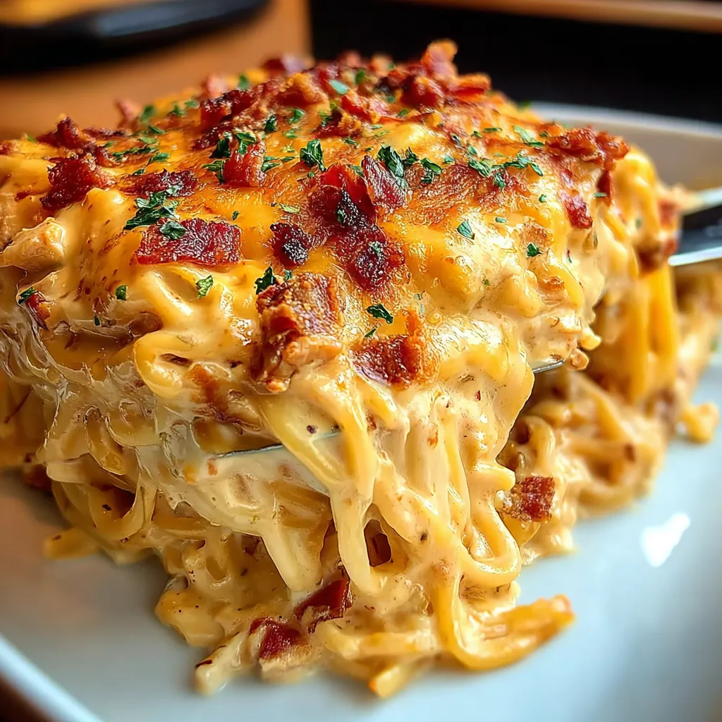 A plate of spicy southern cheesy chicken spaghetti casserole.