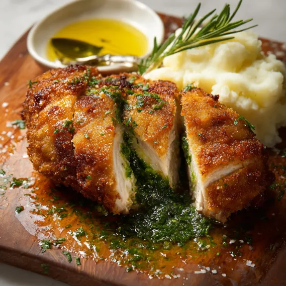 A piece of chicken with garlic and Parmesan sauce.