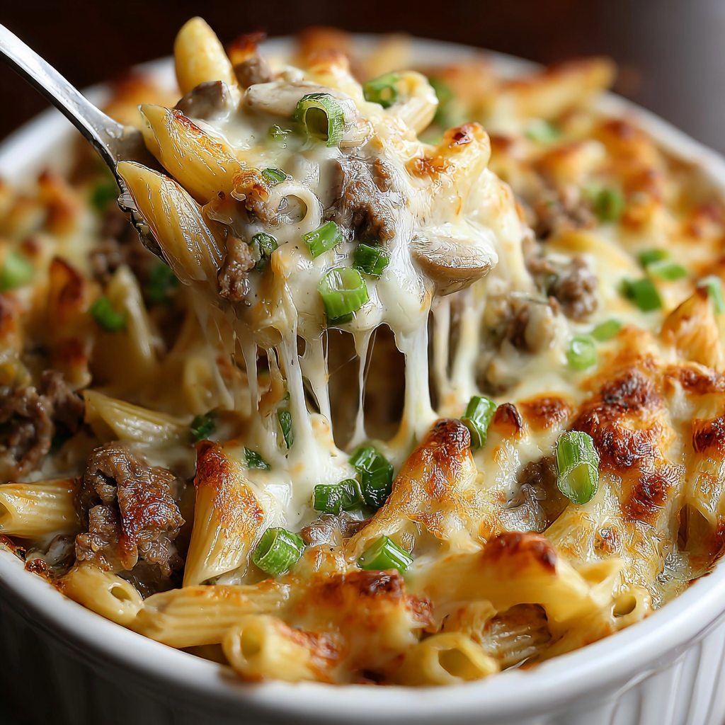 A close up of a crockpot Philly cheesesteak pasta casserole.