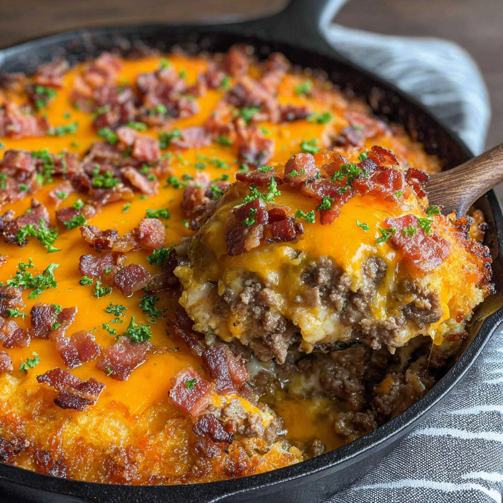 A close up of a delicious low-carb turkey bacon cheeseburger casserole.