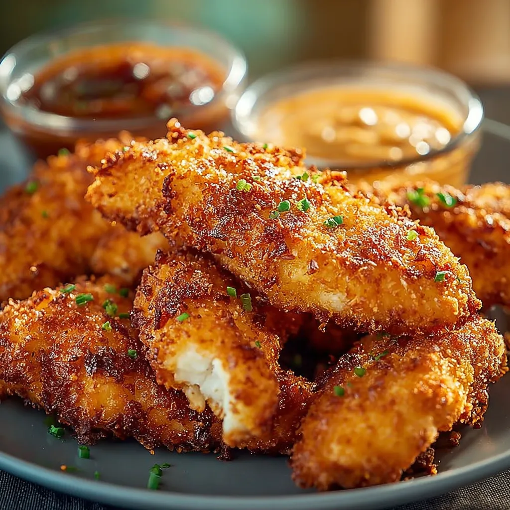 A plate of fried chicken with a dipping sauce.