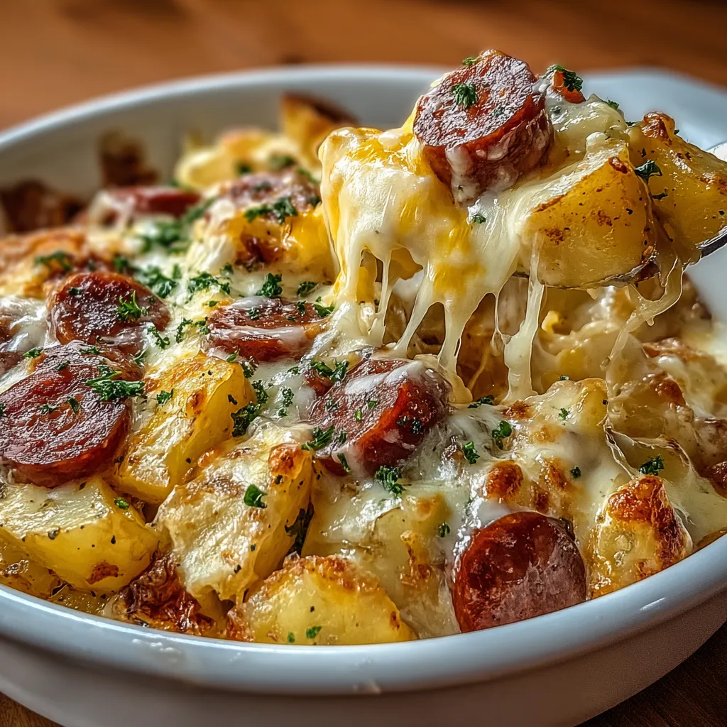 A bowl of cheesy ranch potatoes and smoked sausage.