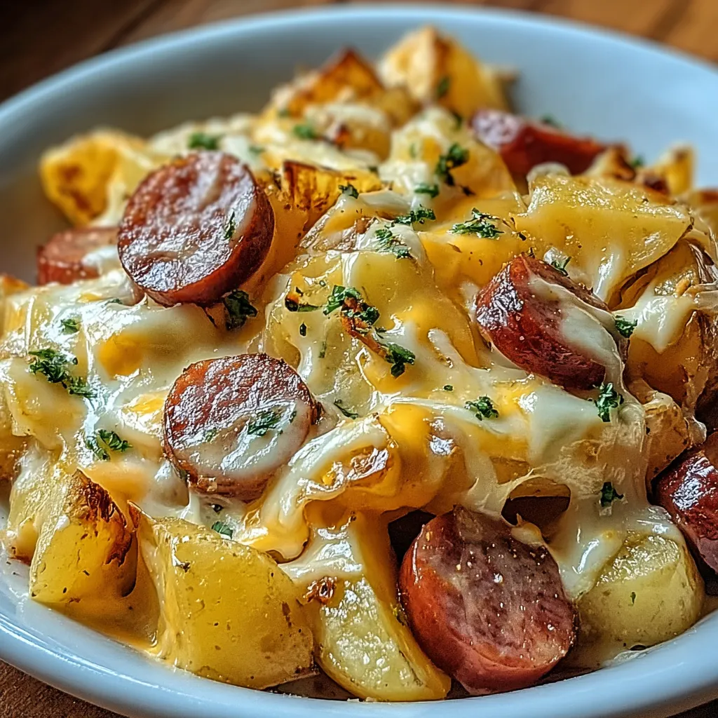 A plate of cheesy ranch potatoes and smoked sausage.