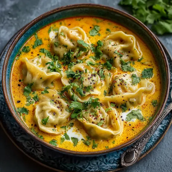 A bowl of soup with dumplings in it.