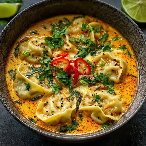 A bowl of soup with a red pepper in it.