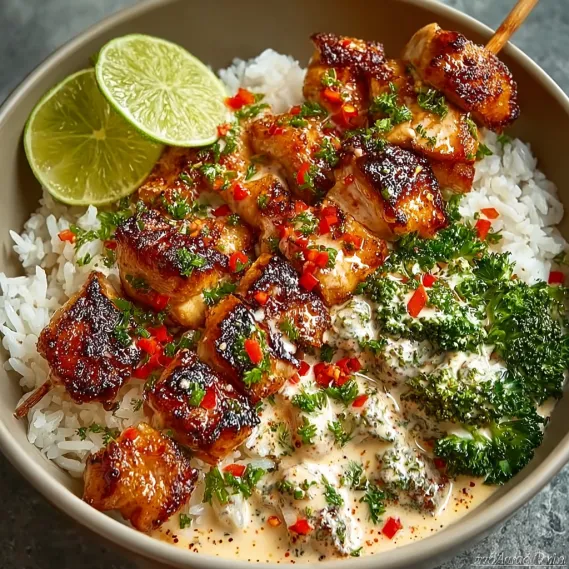 A bowl of food with chicken, rice, and broccoli.