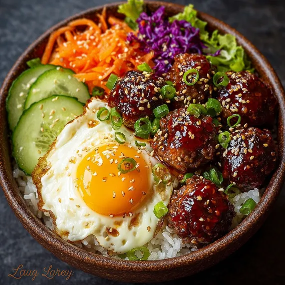 A bowl of Korean BBQ Meatball Rice Bowls.