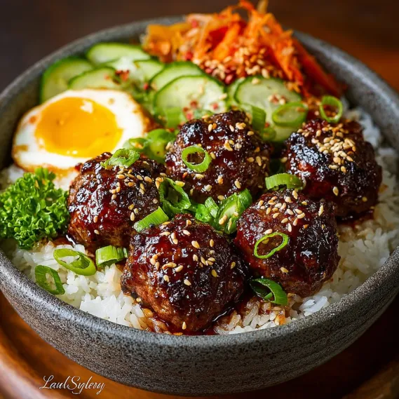 A bowl of meatballs and rice.