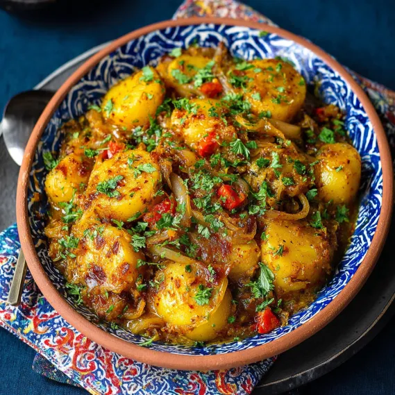A bowl of food with the word "Dopiazeh Aloo" written on it.