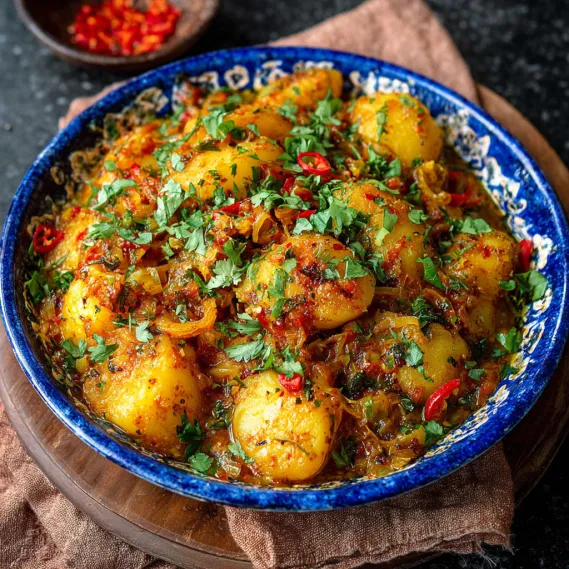 A bowl of Dopiazeh Aloo (Persian Potato Curry) with a spoon in it.