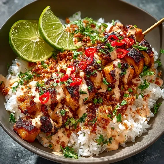 A bowl of food with chicken and rice.