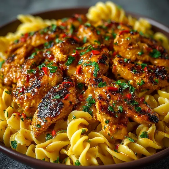 A bowl of pasta with chicken and peppers.
